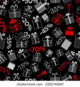 Seamless pattern of gift boxes with bows and different patterns, and discount percentages, red and gray on black background