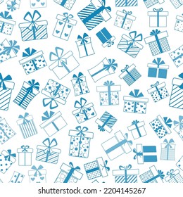 Seamless pattern of gift boxes with bows and different patterns, blue on white background