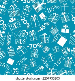 Seamless pattern of gift boxes with bows and different patterns, and discount percentages, white on blue background