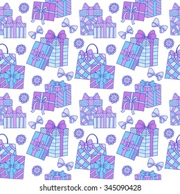 Seamless pattern with gift boxes with bows and ribbons. Doodle style. Wrapping paper.