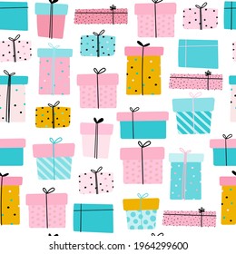 Seamless pattern with gift boxes. Bright vector print for packaging products