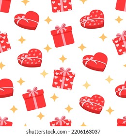 Seamless pattern with gift boxes and candy boxes. Vector texture illustration for valentine's day, christmas and other holidays for postcard, textile, decor, paper, texture, wrapping.