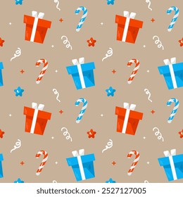 Seamless pattern with gift boxes and candy canes. Vector illustration.