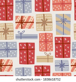 Seamless pattern with gift boxes. Celebration, greeting card backdrop. Textile, wallpaper, wrapping paper design ideaScandinavian hygge gift