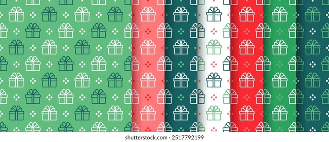 Seamless pattern with gift boxes. Christmas red green background. Set of festive wrapping papers. New year textures with presents. Collection holiday prints. Vector illustration.