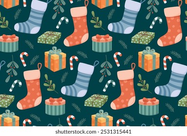 Seamless pattern with gift boxes, Christmas stockings and plants. Colorful holiday background	