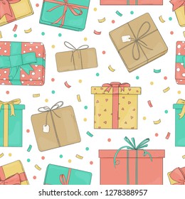 Seamless pattern with gift boxes. Colorful vector illustration in sketch style. Boxes tied with ribbons on a white background. Wrapping paper, Wallpaper, textiles.