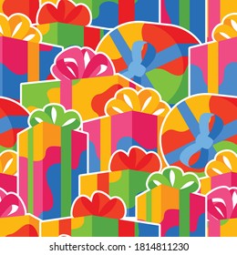 Seamless pattern with gift boxes. Colorful presents for celebration, discounts or promotions.