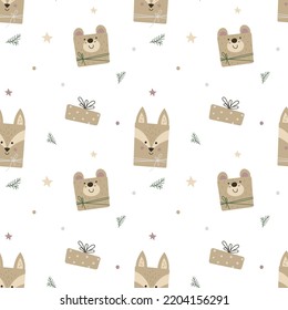 Seamless pattern with gift boxes in craft packaging with hand-drawn bear and fox. Merry Christmas, Happy New Year attributes. Isolated on a white background