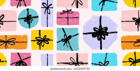 Seamless pattern gift boxes crayon, brush stroke with tied bows. Brush stroke gift boxes with ribbon, bow. Present box, prize, gift for holiday, celebration party. Template vector gift, present boxes.