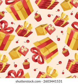 Seamless pattern with gift boxes, cupcakes, and cherries. Vector illustration