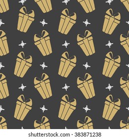 seamless pattern gift boxes and diamonds in doodle style. Hand drawing.