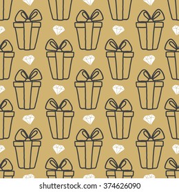 seamless pattern gift boxes and diamondsl in doodle style. Hand drawing.