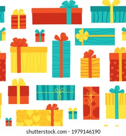Seamless pattern of gift boxes of different and sizes on a white background. Continuous print for new year, christmas, birthday, valentine's day. Vector illustration for wrapping paper, cards, textile