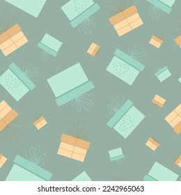 Seamless pattern with gift boxes of different sizes in green and yellow on a dark gray-green background in vector