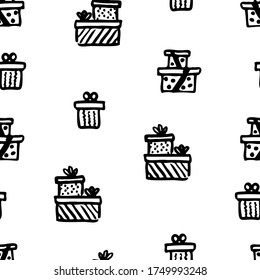 Seamless pattern of gift boxes drawn with black liner on a white background. Contour vector image of holiday gifts. Print for textiles, packaging, wrapping paper.