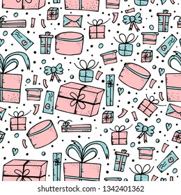 Seamless pattern of gift boxes. Endless background of holiday presents in doodle style. Vector illustration.