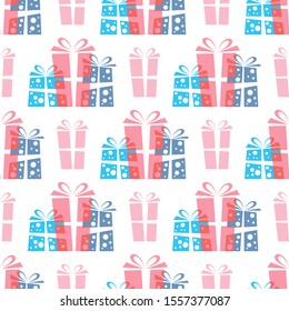 Seamless pattern with gift boxes. Flat design.  Holiday New Year or Christmas vector illustration. Design element for banner, wallpaper, wrapping paper or fabric.