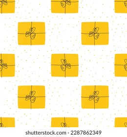 Seamless pattern with gift boxes. Graphic print with doodle presents. Hand drawn packaging with dots, confetti, line ribbons. Yellow color. Vector illustration