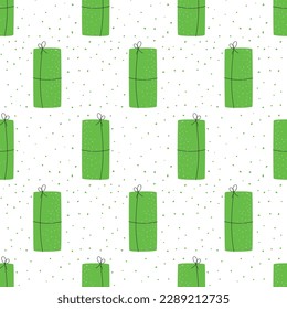 Seamless pattern with gift boxes. Graphic print with doodle presents. Hand drawn packaging with dots, confetti, line ribbons. Green color. Vector illustration