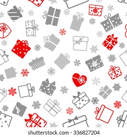 Seamless pattern of gift boxes, gray and red on white