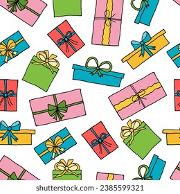 Seamless pattern, gift boxes in hand drawn style. Vector illustration.