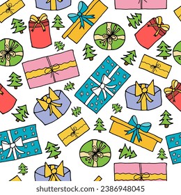 Seamless pattern, gift boxes in hand drawn style. Vector illustration.