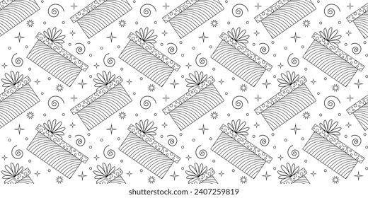 Seamless pattern of gift boxes. Hand drawn doodles for Christmas, New Year or birthday. Vector illustration.