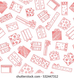 Seamless pattern with gift boxes. Hand drawing vector set with gifts. Gifts for different holidays. On New Year's Eve, Christmas, birthday, Valentine's Day and others.