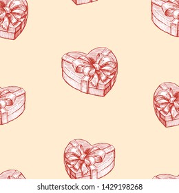 Seamless pattern of gift boxes in the  heart shape