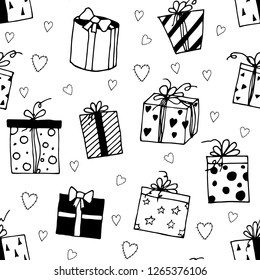 Seamless pattern of gift boxes and hearts. Vector cartoon background. Hand-drawn scandinavian style.