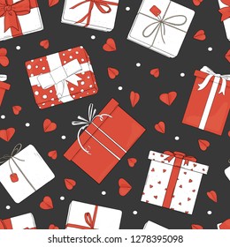 Seamless pattern with gift boxes and hearts. Vector illustration in sketch style. Boxes are tied with ribbons on a white background. Wrapping paper, Wallpaper, textiles. Valentine's day.