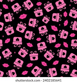 Seamless pattern with gift boxes, hearts and lips.
