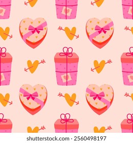 Seamless pattern of gift boxes, hearts. Vector illustration for decoration of all lovers day, valentine's day.
