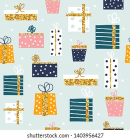 Seamless pattern with gift boxes. Holiday background. Vector hand drawn illustration.