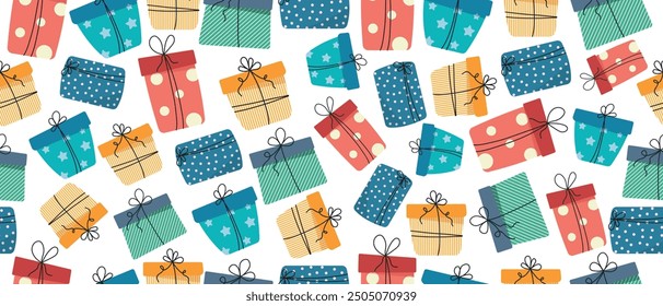 Patrón sin fisuras con cajas de regalo. Diseño de Festiva para embalaje, cubierta, Fondo de pantalla. Vector.