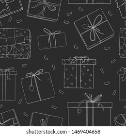 Seamless pattern with gift boxes. Monochrome vector illustration in sketch style. White silhouette on black background. Wrapping paper, packaging, Wallpaper, textiles.