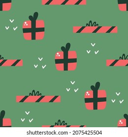 Seamless pattern of gift boxes on dark green background. Flat illustration.