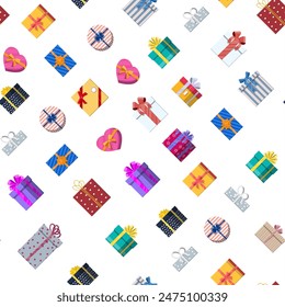 Seamless pattern with gift boxes on white. Colorful wrapped. Sale, shopping. Present boxes different sizes with bows and ribbons. Collection for birthday and holiday. Vector illustration in flat style