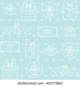 Seamless pattern with gift boxes on polka dots background