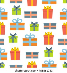 Seamless pattern with gift boxes on white background. Vector illustration
