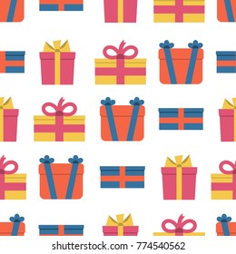Seamless pattern with gift boxes on white background. Vector illustration

