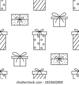 Seamless pattern with gift boxes outline. Coloring book . Christmas concept. Birthday banner. 