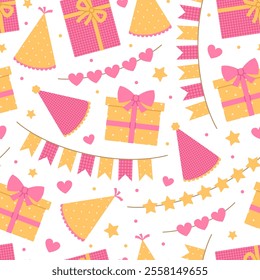 Seamless pattern with gift boxes, party hats and garlands in pink and yellow colors on white background. Birthday, anniversary celebration. Vector flat illustration for wallpaper, textile, packaging