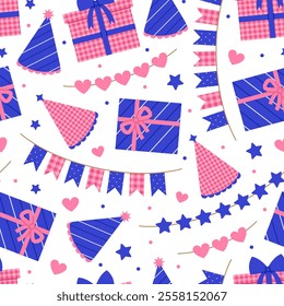 Seamless pattern with gift boxes, party hats and garlands in pink and blue colors on white background. Birthday, anniversary celebration. Vector flat illustration for wallpaper, textile, packaging