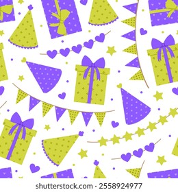 Seamless pattern with gift boxes, party hats and garlands in purple and green colors on white background. Birthday, anniversary celebration. Vector flat illustration for wallpaper, textile, packaging