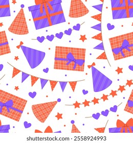 Seamless pattern with gift boxes, party hats and garlands in purple and red colors on white background. Birthday, anniversary celebration. Vector flat illustration for wallpaper, textile, packaging