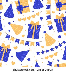 Seamless pattern with gift boxes, party hats and garlands in blue and yellow colors on white background. Birthday, anniversary celebration. Vector flat illustration for wallpaper, textile, packaging