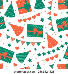 Seamless pattern with gift boxes, party hats and garlands in green and red colors on white background. Birthday, anniversary celebration. Vector flat illustration for wallpaper, textile, packaging