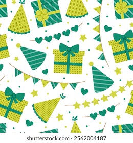 Seamless pattern with gift boxes, party hats and garlands in green and light green colors on white background. Birthday, anniversary celebration. Vector flat illustration for wallpaper, textile